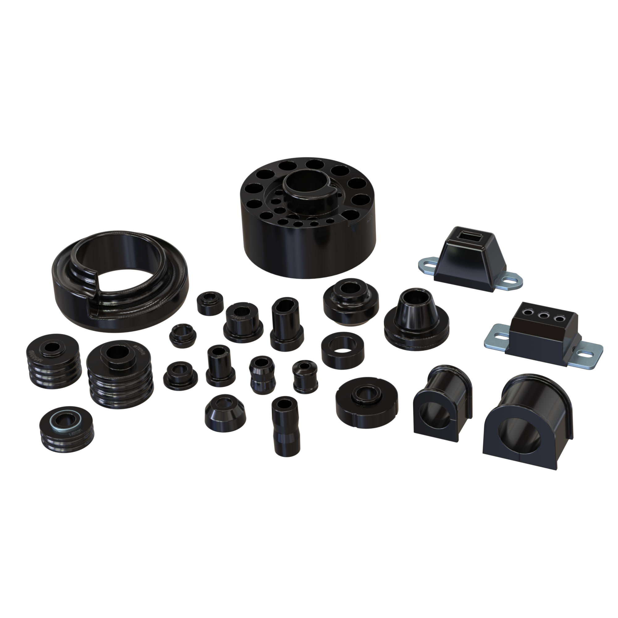 Collection of black polyurethane mechanical components on a white background
