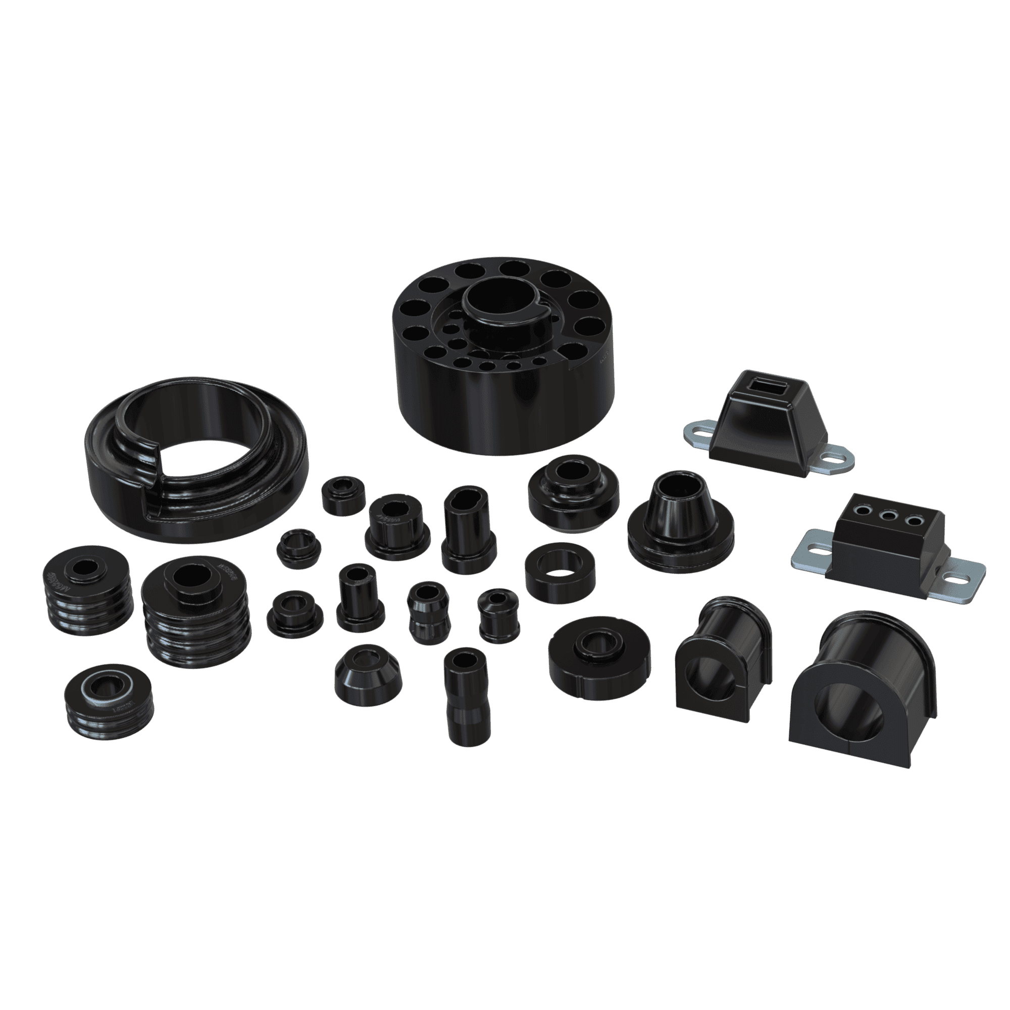 Collection of black polyurethane mechanical components on a white background