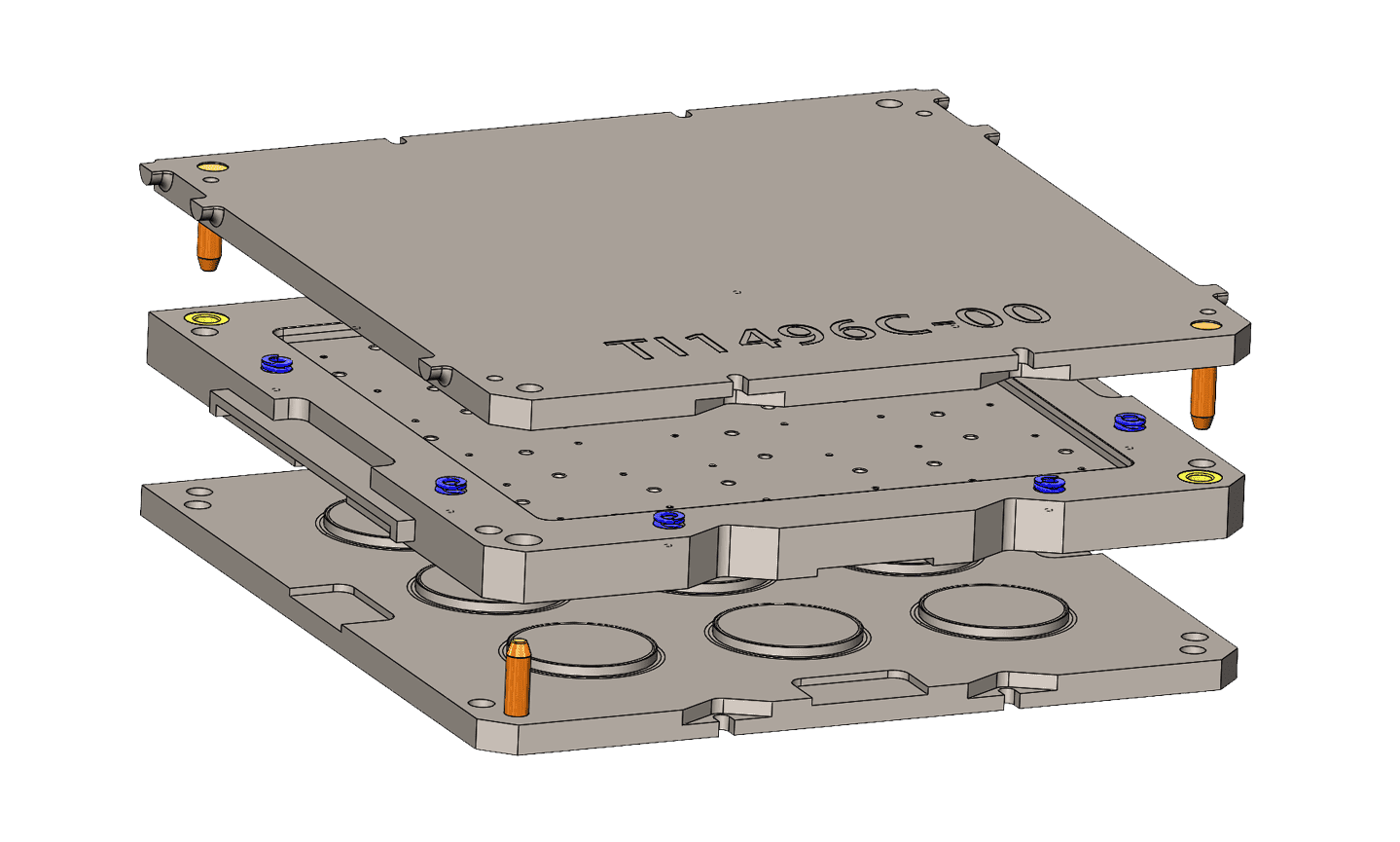 Design of a transfer mold, divided in three parts, one above the other