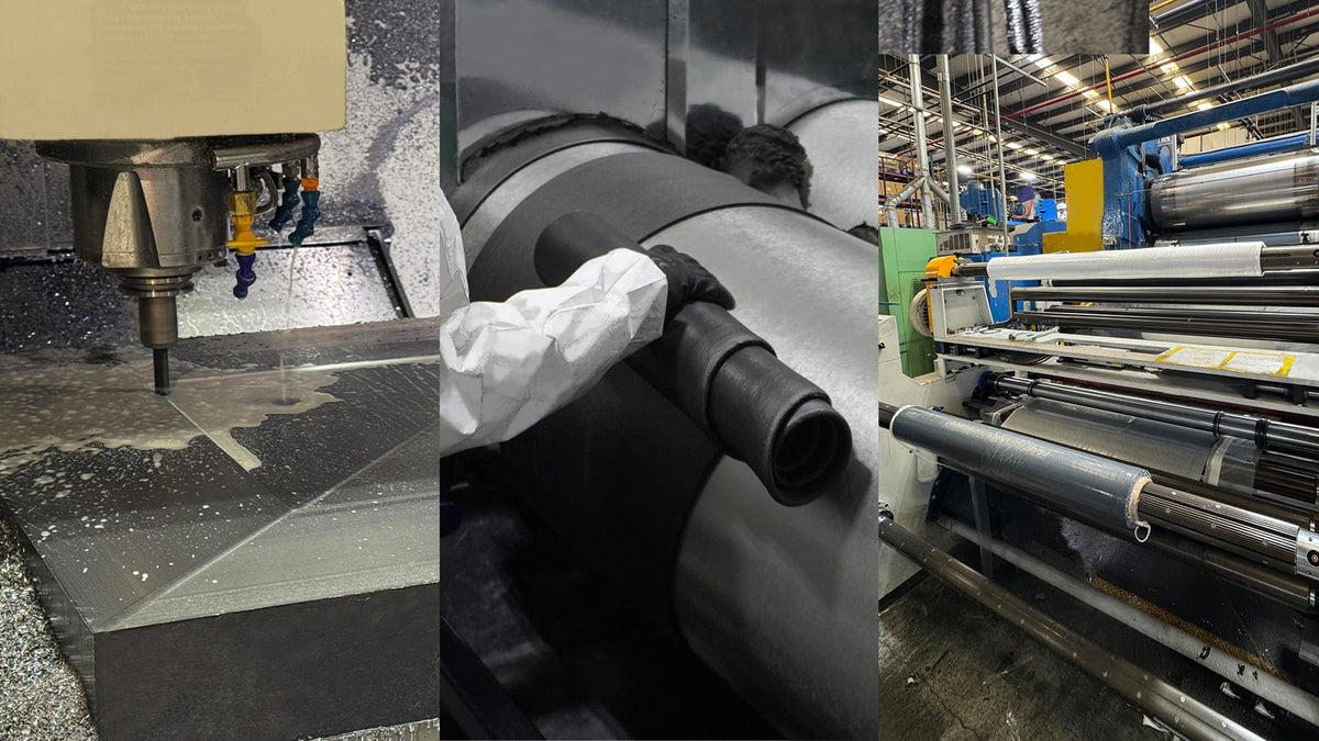 A collage showcasing three in-house services: mold making, rubber compounding, and calendering