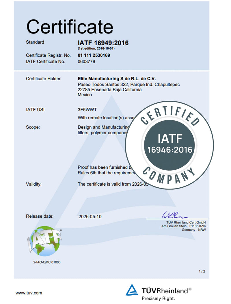 Certificate of IATF 16949:2016 certification for a manufacturing company.
