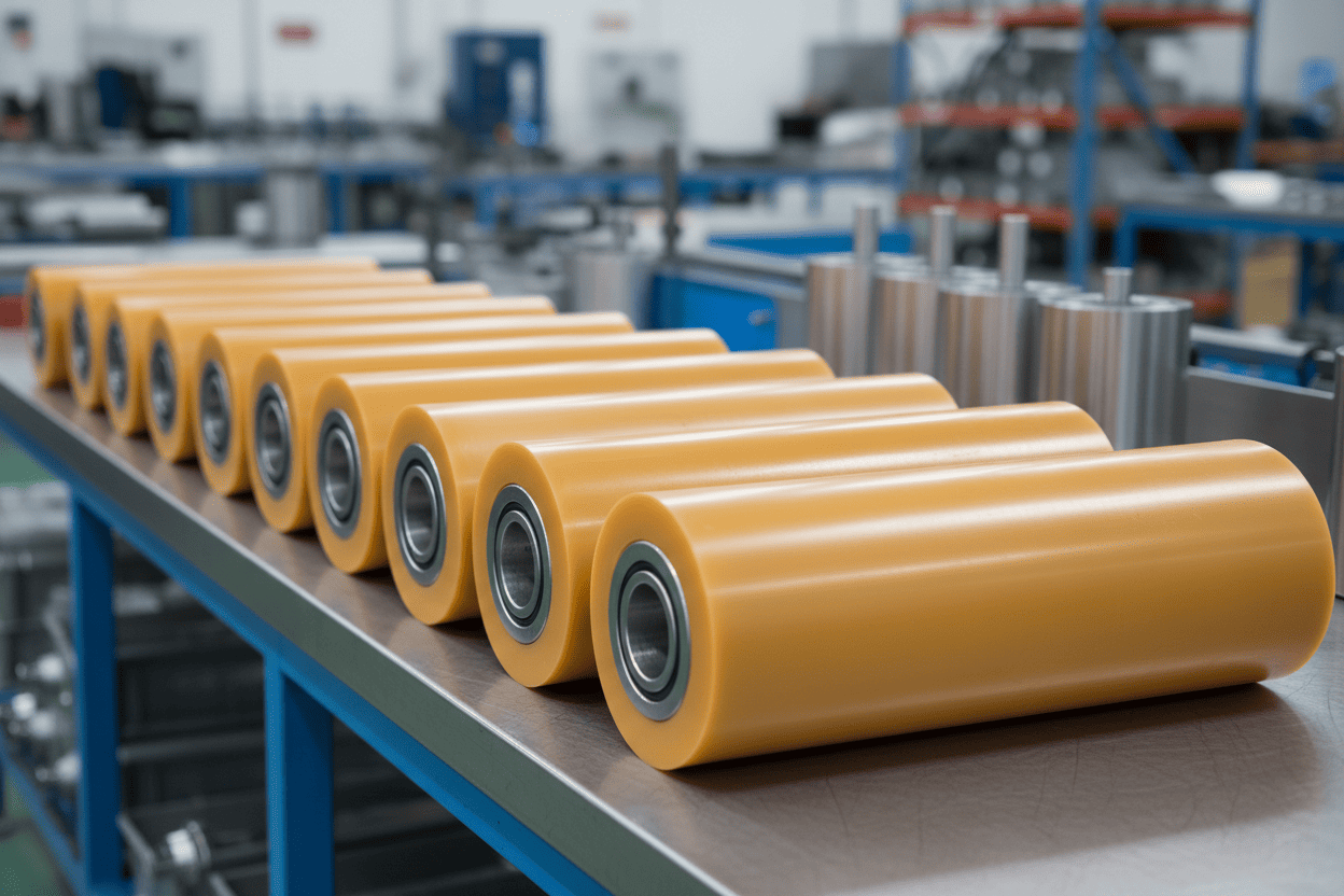 Several polyurethane rollers displayed on a steel table, arranged along the table in a factory setting